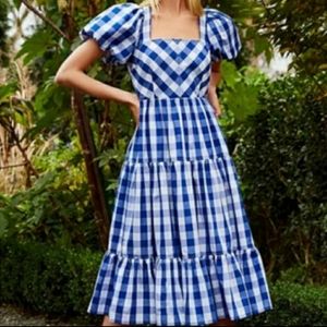 Antonio Melani Amara Gingham Pufg Sleeve Tiered Flounce Hem A-Line Midi …